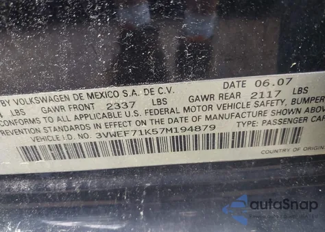 2007 Volkswagen Jetta Wolfsburg Edition from USA, damaged, VIN 3VWEF71K57M194879